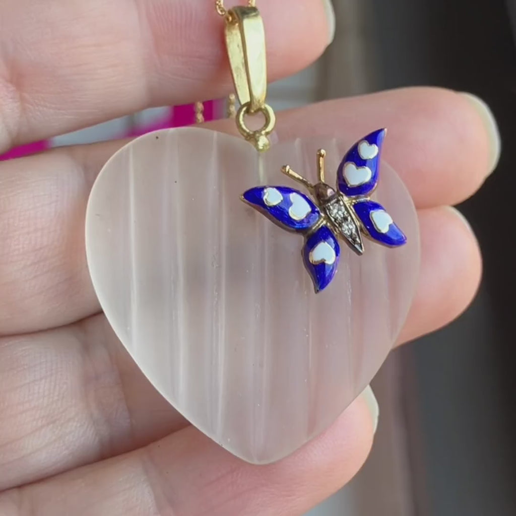 Vintage Rock Crystal Heart and Enamel Diamond Butterfly Pendant Necklace, sold by Doyle & Doyle antique and vintage jewelry boutique