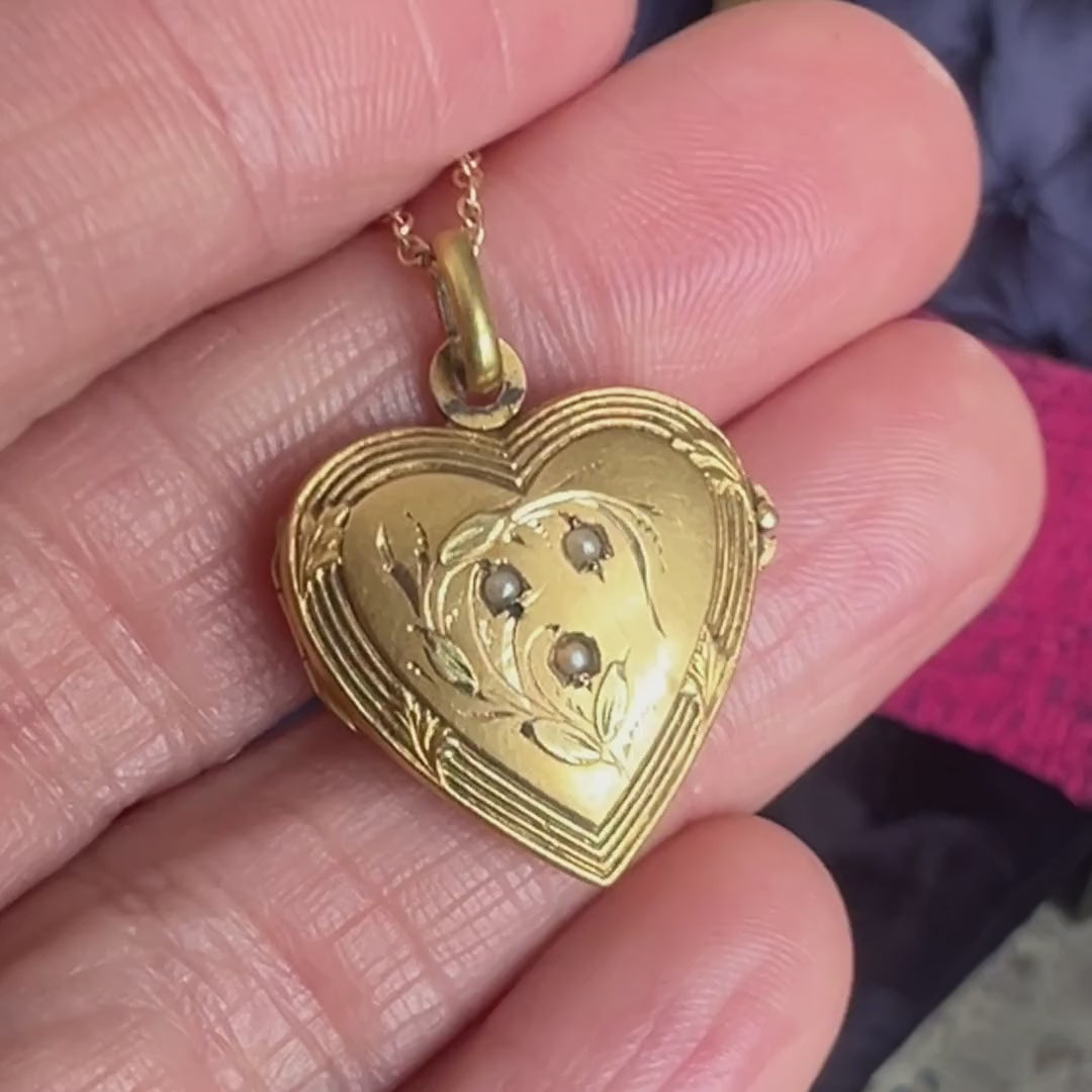 Vintage Pearl Gold Heart Locket ,sold by Doyle & Doyle antique and vintage jewelry boutique