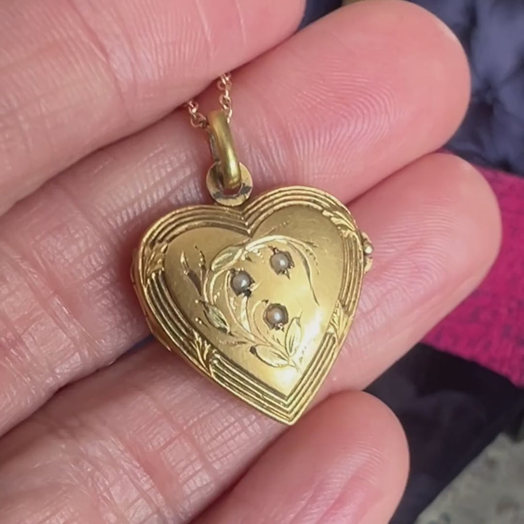 Vintage Pearl Gold Heart Locket ,sold by Doyle & Doyle antique and vintage jewelry boutique