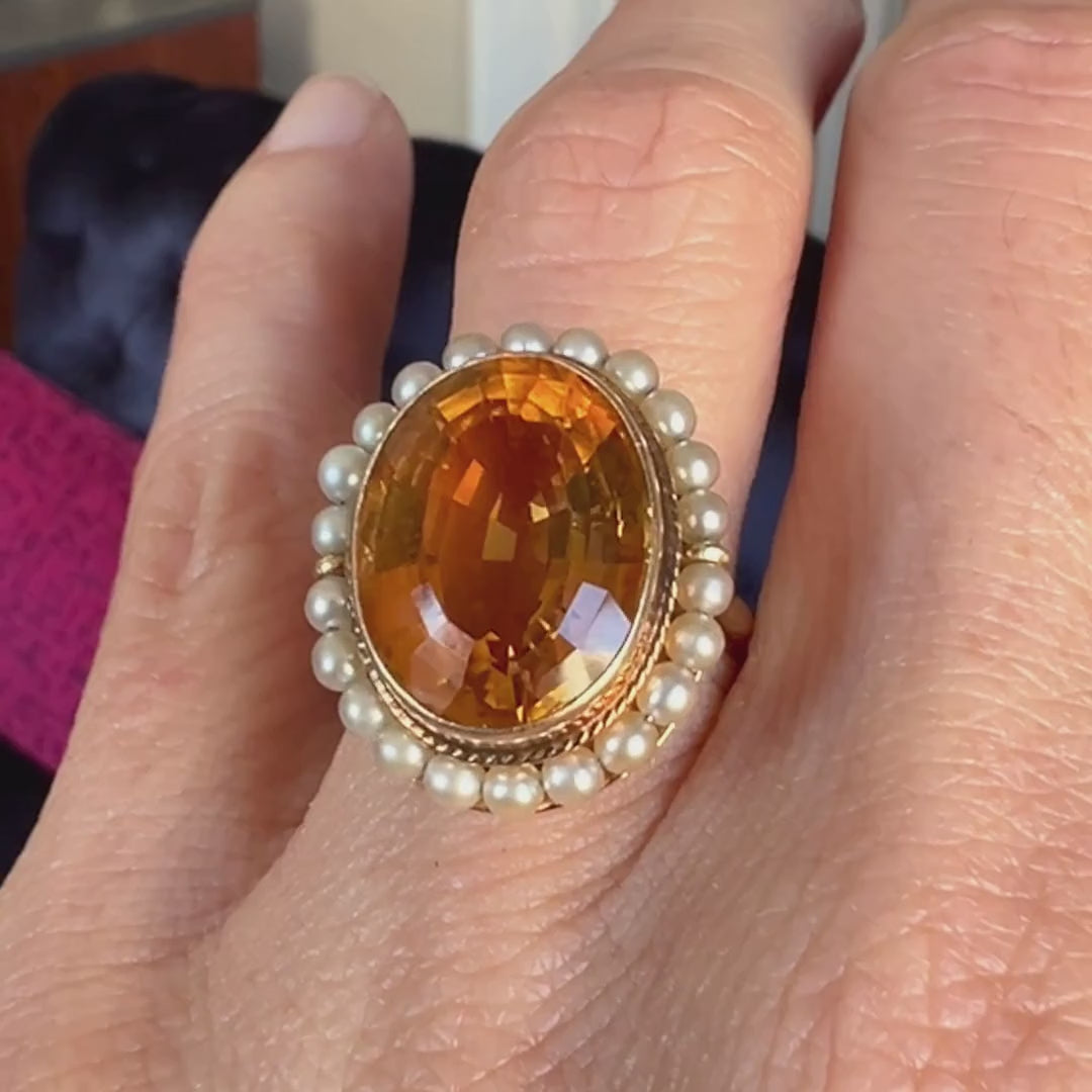 Retro Citrine & Pearl Ring sold by Doyle and Doyle an antique and vintage jewelry boutique