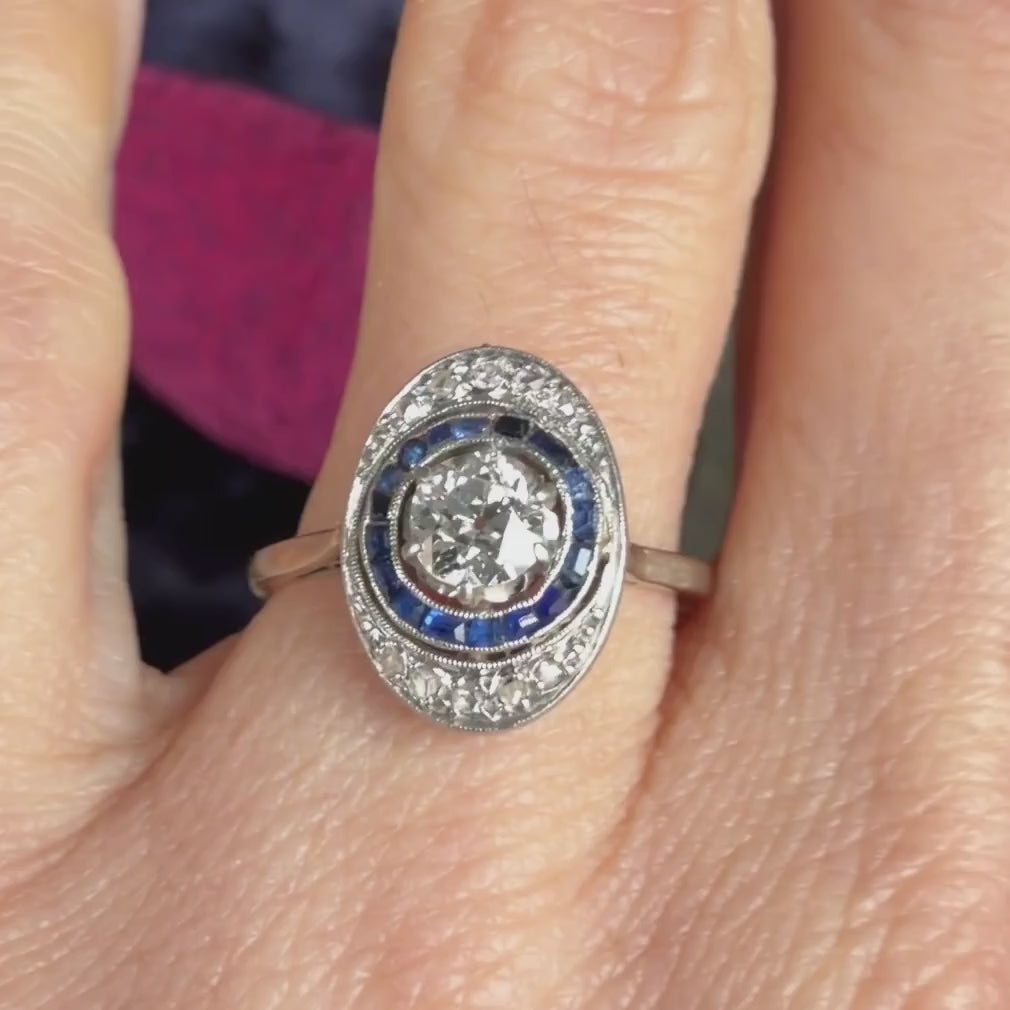 French Art Deco Diamond & Sapphire Target Ring, sold by Doyle & Doyle antique and vintage jewelry boutique