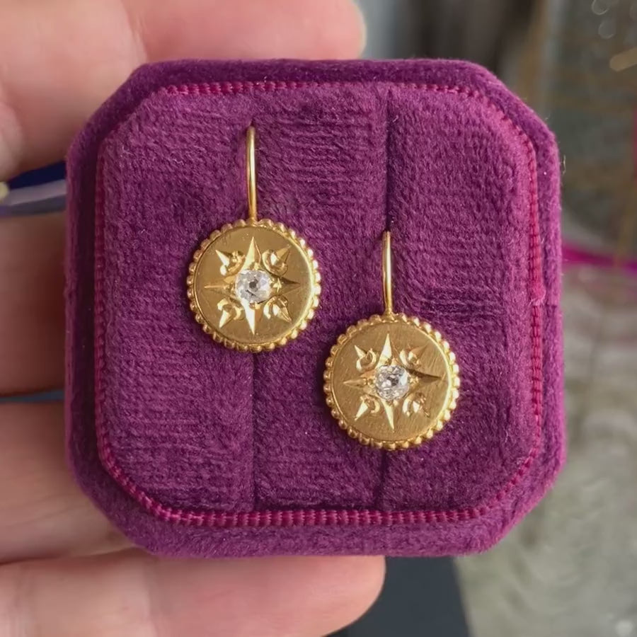 Victorian Diamond Gold Disk Earrings, sold by Doyle & Doyle antique and vintage jewelry boutique