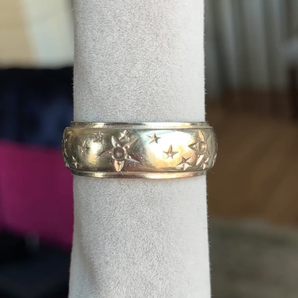 Vintage Star Pattern Wedding Band Ring in White Gold, sold by Doyle & Doyle antique and vintage jewelry boutique