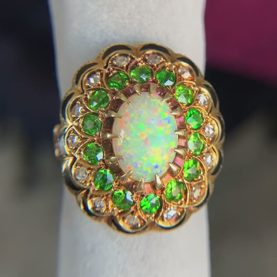 Vintage Victorian Revival Opal and Tsavorite Garnet Ring, sold by Doyle & Doyle antique and vintage jewelry boutique