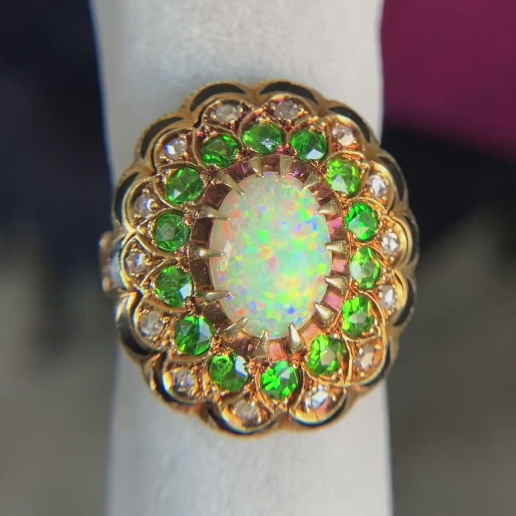 Vintage Victorian Revival Opal and Tsavorite Garnet Ring, sold by Doyle & Doyle antique and vintage jewelry boutique