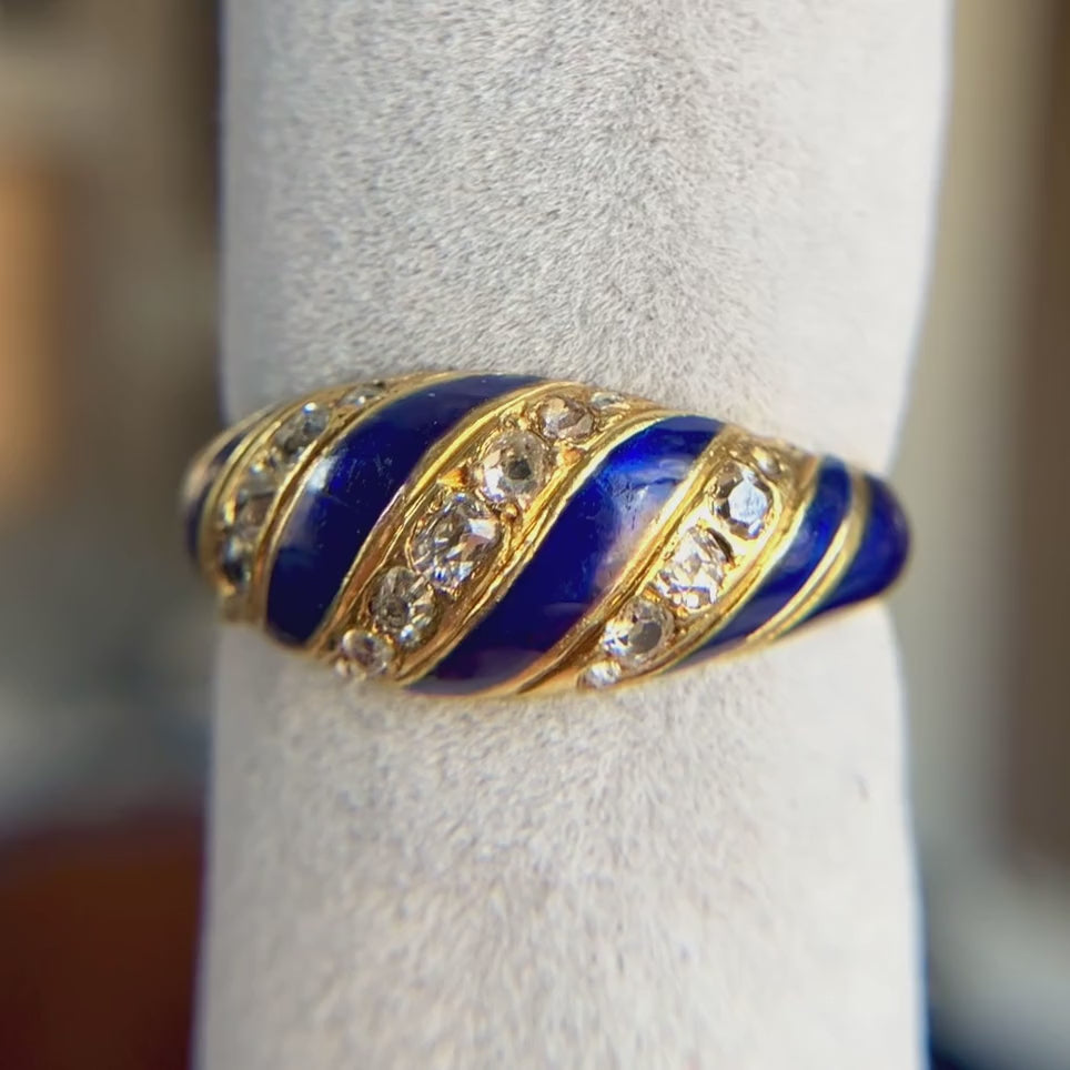 Antique Victorian Diamond and Blue Enamel Striped Ring, from Doyle & Doyle vintage and antique jewelry