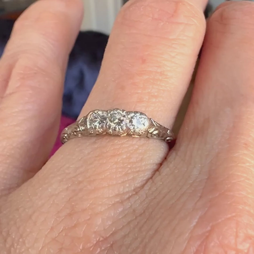 Vintage Three Stone Diamond Ring, RBC 0.20 ctw. sold by Doyle and Doyle an antique and vintage jewelry boutique