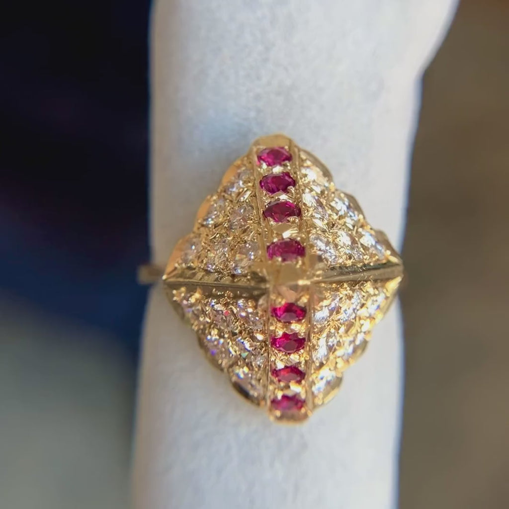 Vintage Diamond & Ruby Pyramid Ring in gold, sold by Doyle & Doyle antique and vintage jewelry boutique