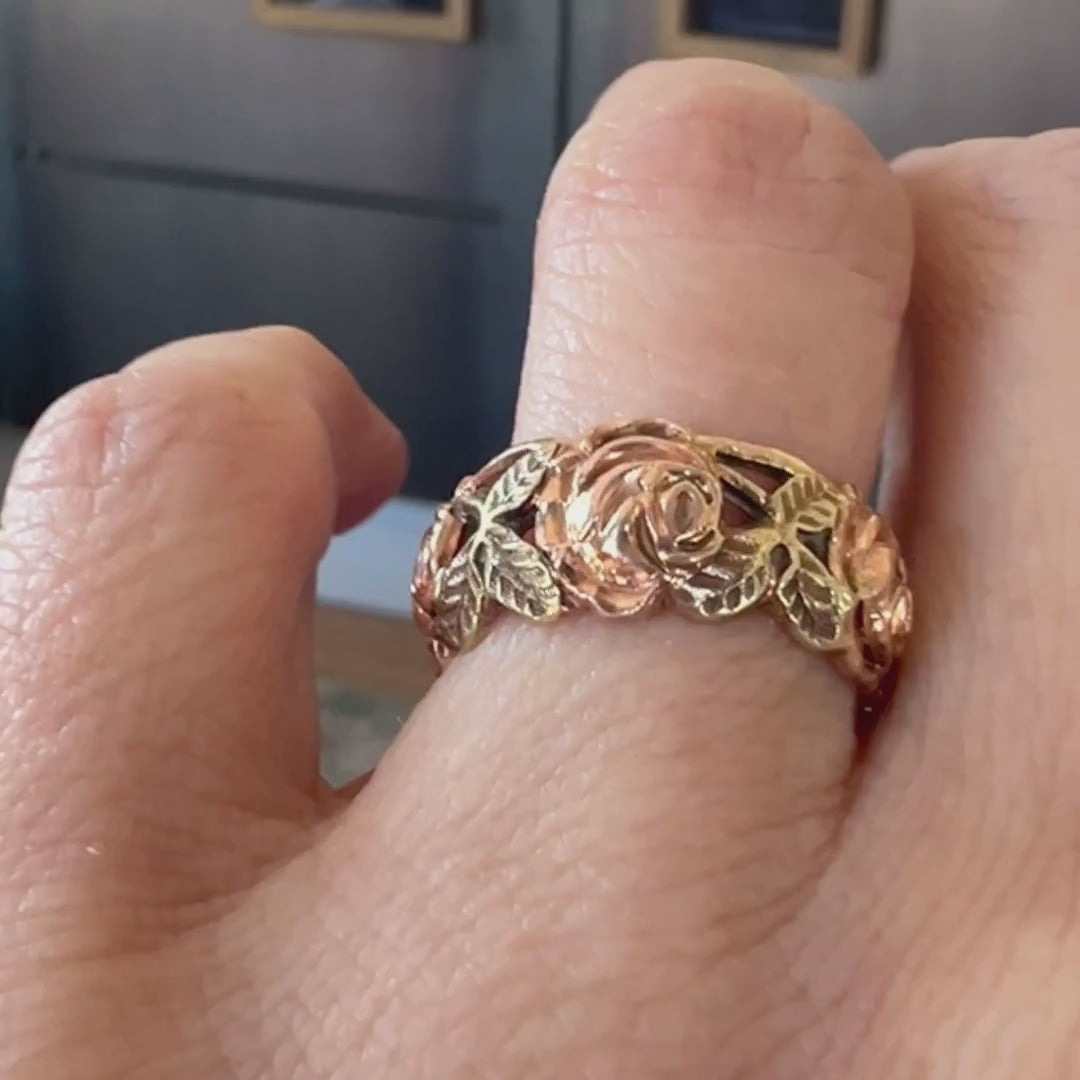 Vintage Art Carved Rose Band Ring sold by Doyle and Doyle an antique and vintage jewelry boutique