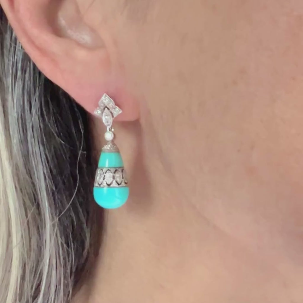 Estate Turquoise & Diamond Drop Earrings  sold by Doyle and Doyle an antique and vintage jewelry boutique