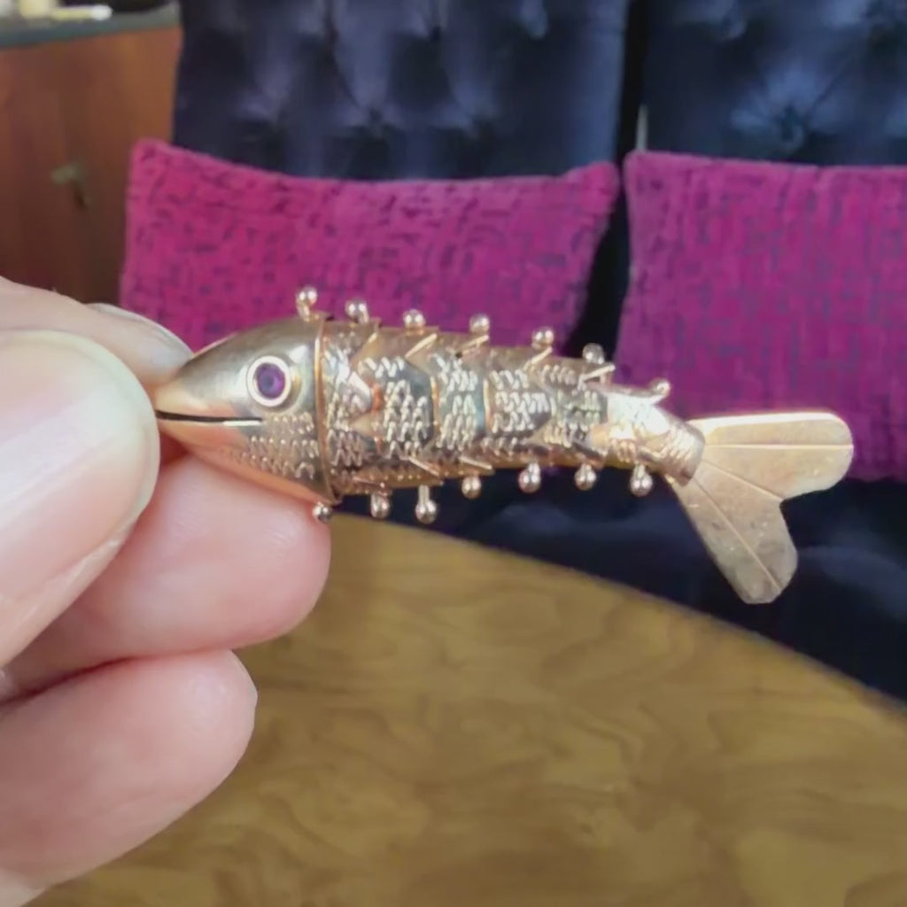 Vintage Gold Articulated Fish Pendant, sold by Doyle & Doyle an antique and vintage jewelry boutique