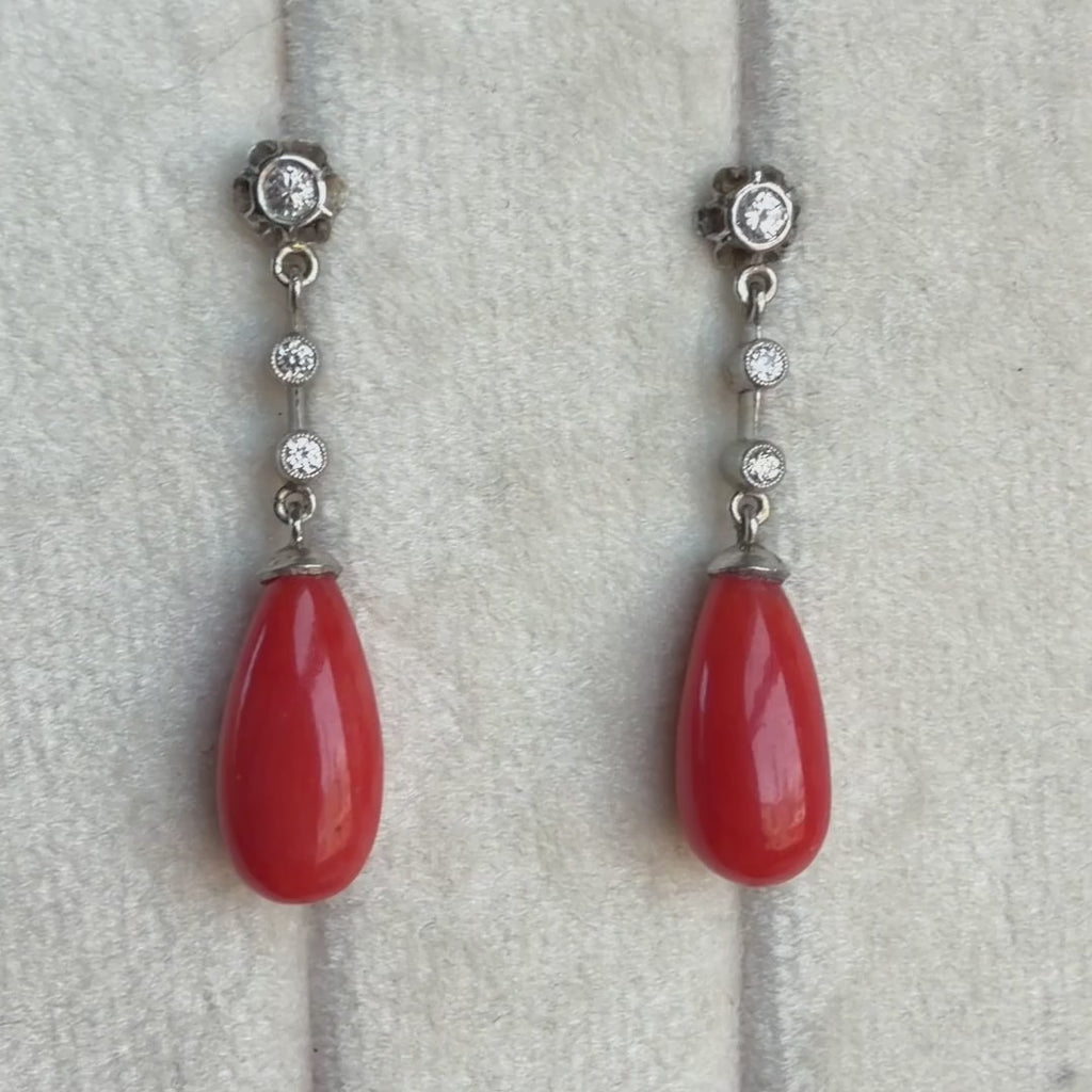Art Deco Coral & Diamond Drop Earrings sold by Doyle and Doyle an antique and vintage jewelry boutique