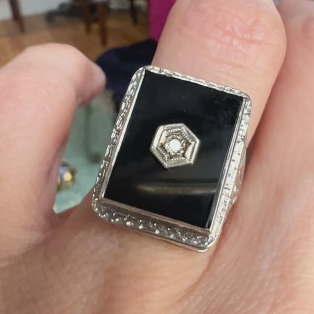 Vintage Diamond & Onyx Filigree Ring sold by Doyle and Doyle an antique and vintage jewelry boutique