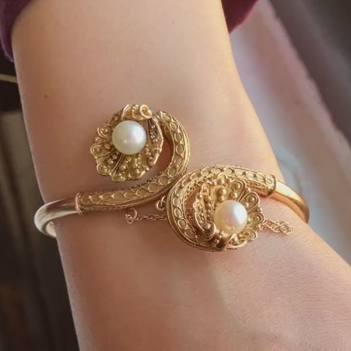Vintage Gold Pearl & Shell Crossover Bracelet, sold by Doyle & Doyle antique and vintage jewelry boutique