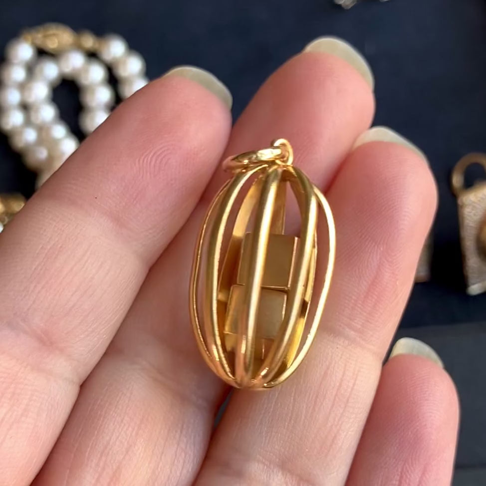 Vintage Gold Caged Dice Charm, from Doyle & Doyle antique and vintage jewelry boutique