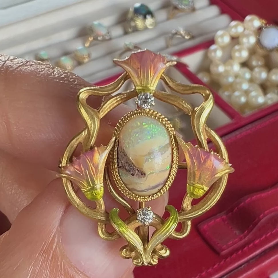 Art Nouveau Opal and Diamond Enamel Pin/Pendant, from Doyle & Doyle vintage and antique jewelry