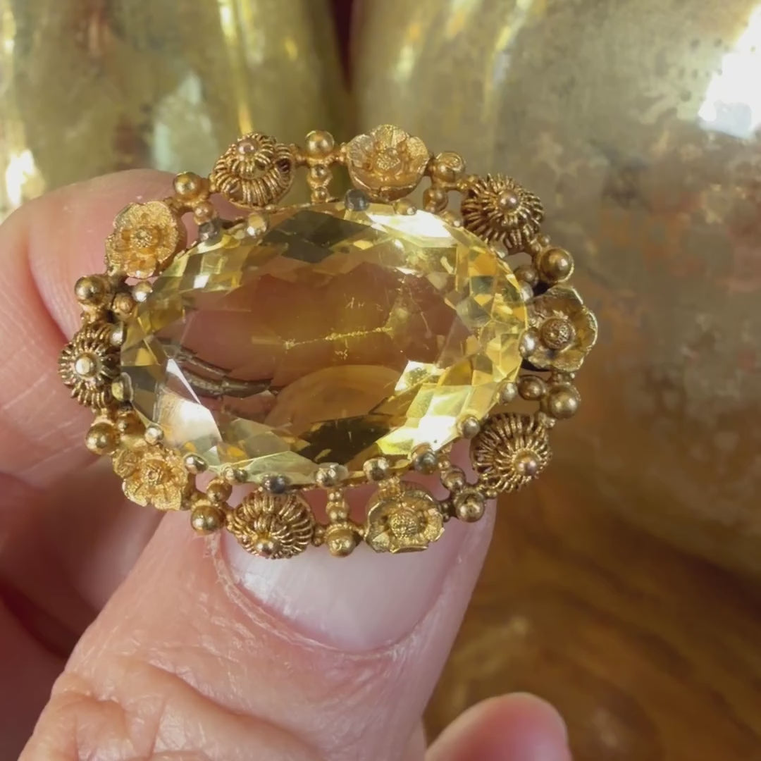 Antique Citrine Cannetille Pin sold by Doyle and Doyle an antique and vintage jewelry boutique