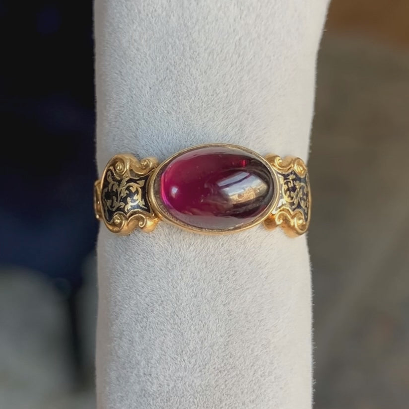 Antique Georgian garnet and black enamel mourning ring, from Doyle & Doyle vintage and antique jewelry