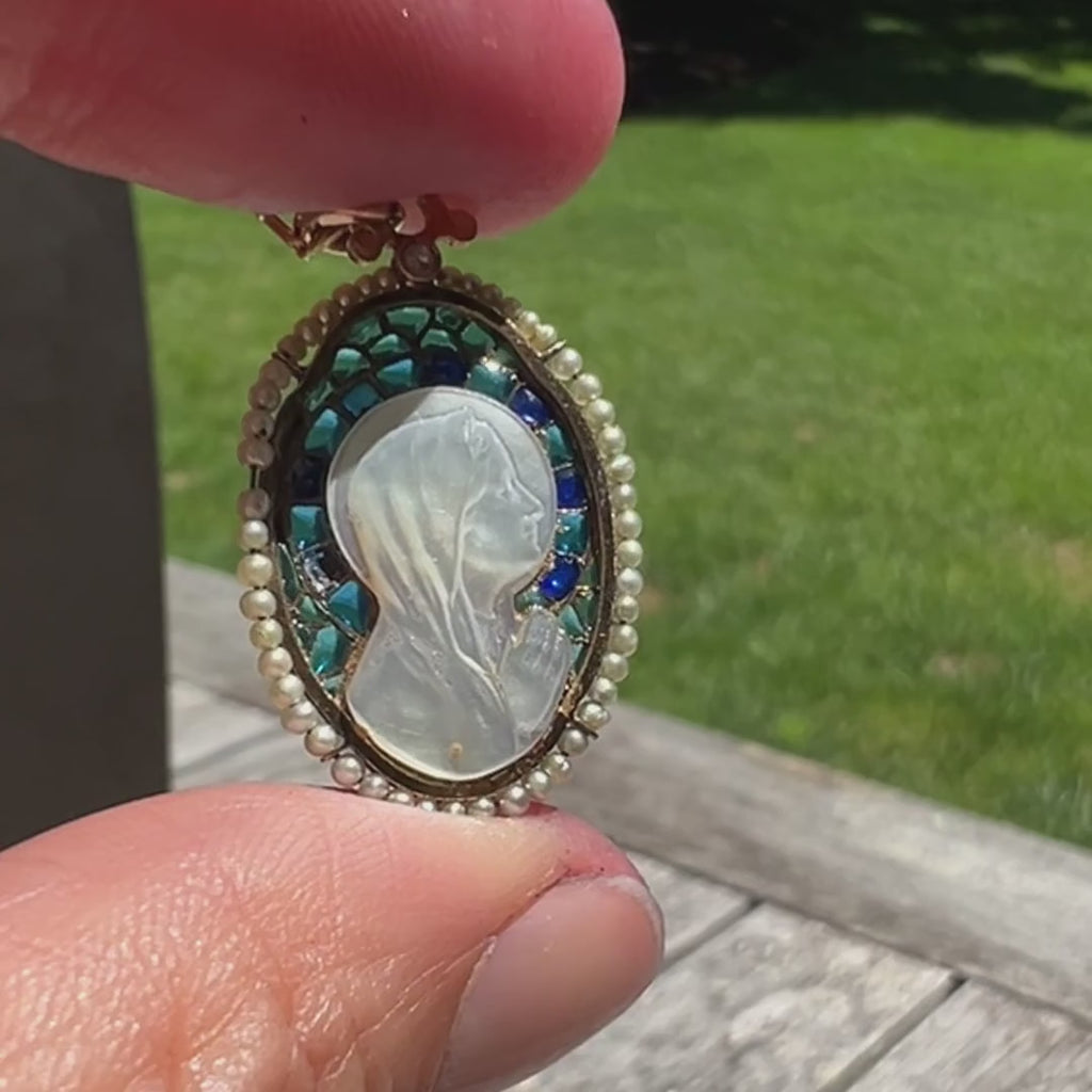 Art Nouveau Mother of Pearl and Plique-à-jour Enamel Pendant, sold by Doyle & Doyle an antique and vintage jewelry boutique