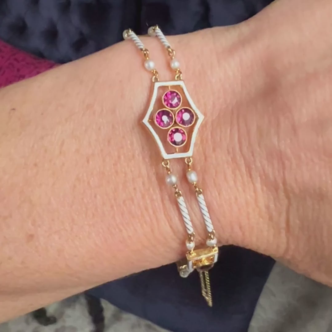 Victorian Garnet & White Enamel Link Bracelet sold by Doyle and Doyle an antique and vintage jewelry boutique