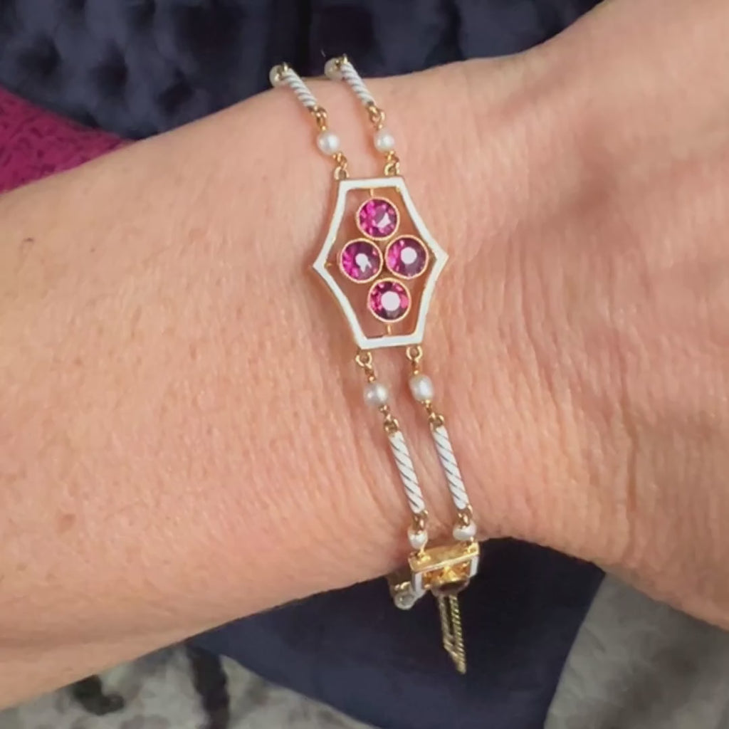 Victorian Garnet & White Enamel Link Bracelet sold by Doyle and Doyle an antique and vintage jewelry boutique