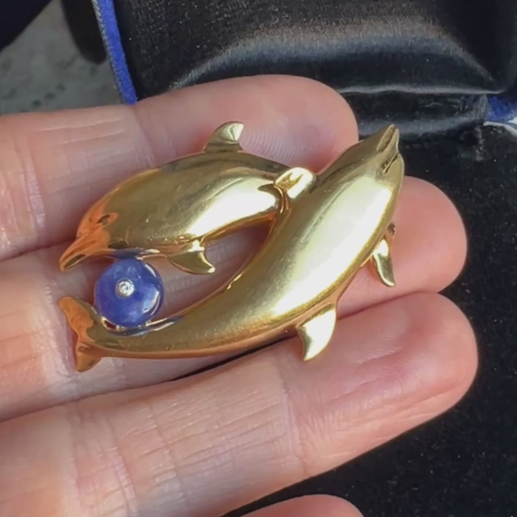 Vintage Gold Sapphire Dolphin Pin, from Doyle & Doyle antique and vintage jewelry boutique