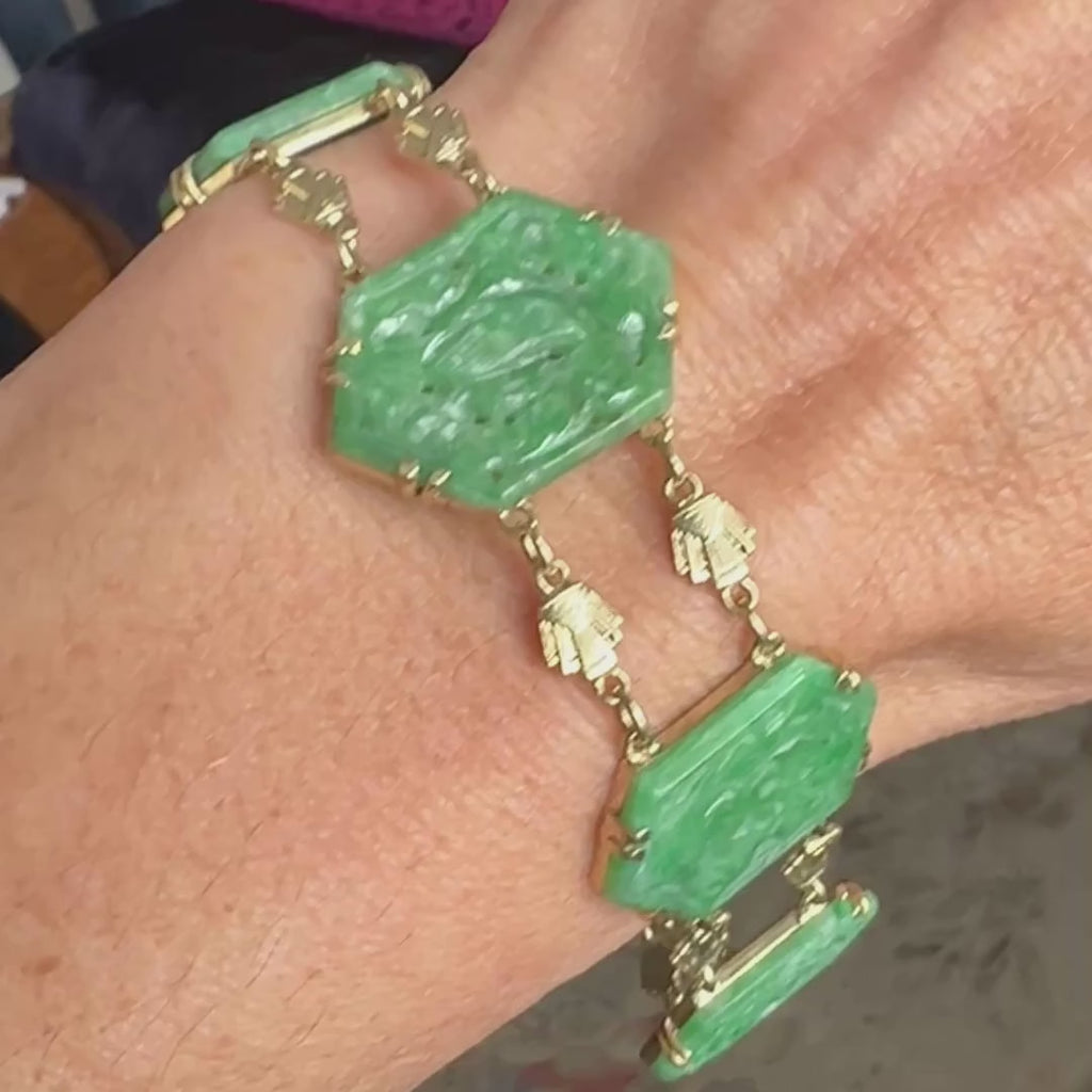 Vintage Carved Bird Jade Bracelet sold by Doyle and Doyle an antique and vintage jewelry boutique