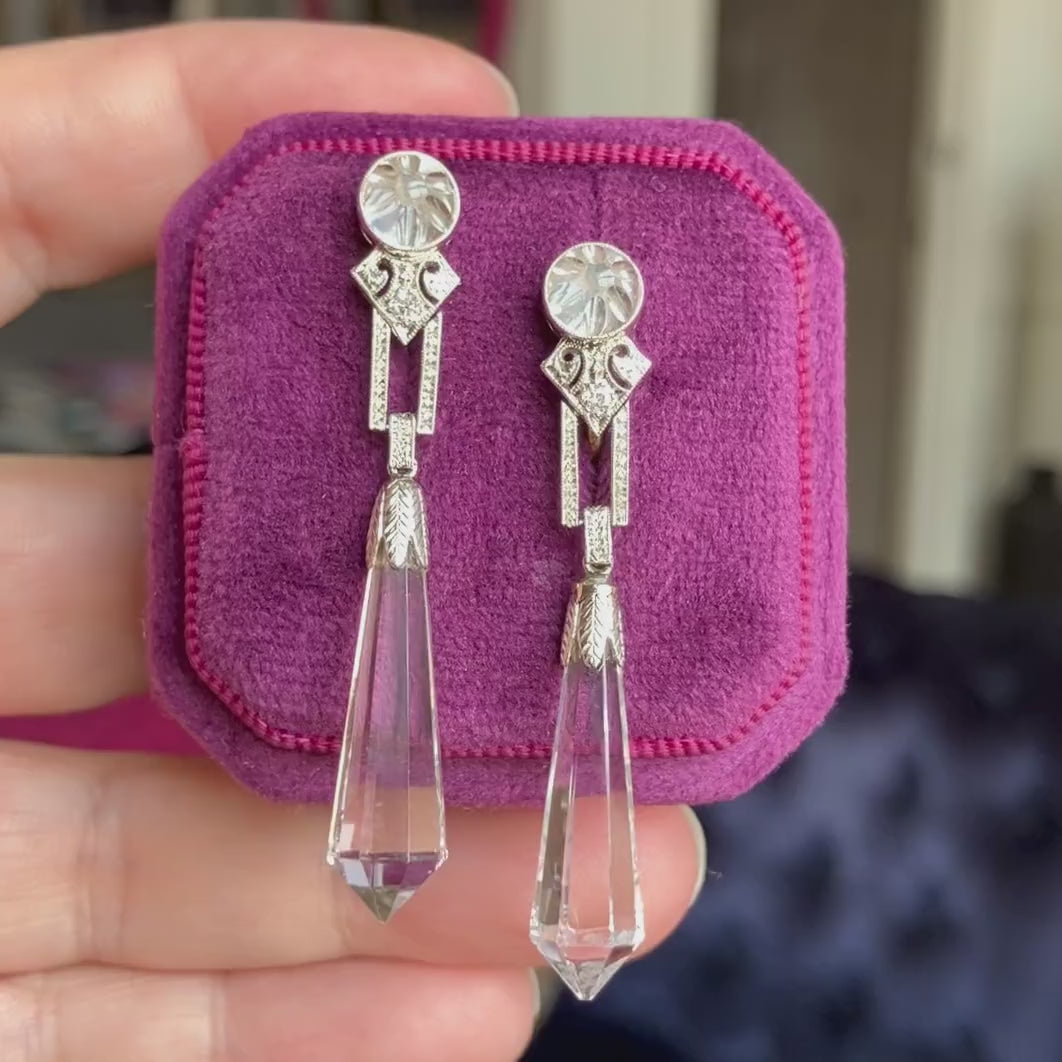 Art Deco Rock Crystal and Diamond Drop Earrings in Platinum, sold by Doyle & Doyle vintage and antique jewelry boutique.