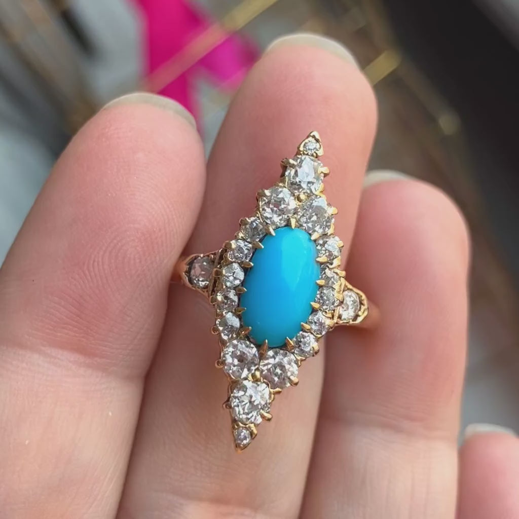Antique Turquoise & Diamond Navette Ring, from Doyle & Doyle antique and vintage jewelry boutique