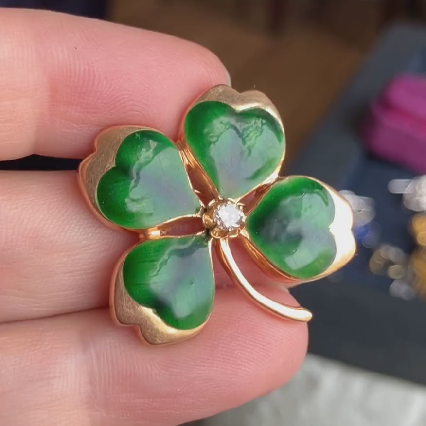 Vintage Green Enamel Four Leaf Clover Pin/ Pendant in yellow gold, sold by Doyle & Doyle antique and vintage jewelry boutique