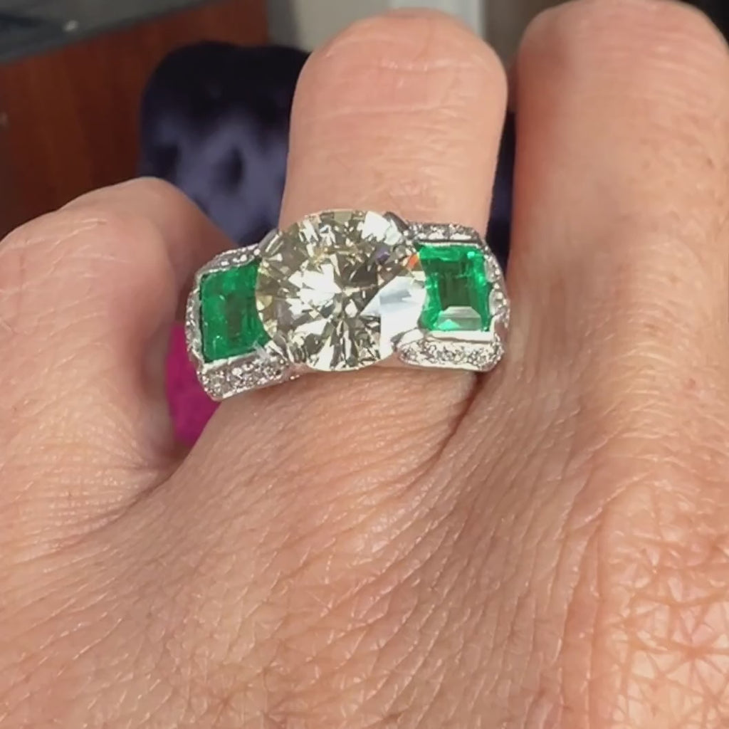 Art Deco Diamond & Emerald Engagement Ring, Old Euro 4.06ct. sold by Doyle and Doyle an antique and vintage jewelry boutique