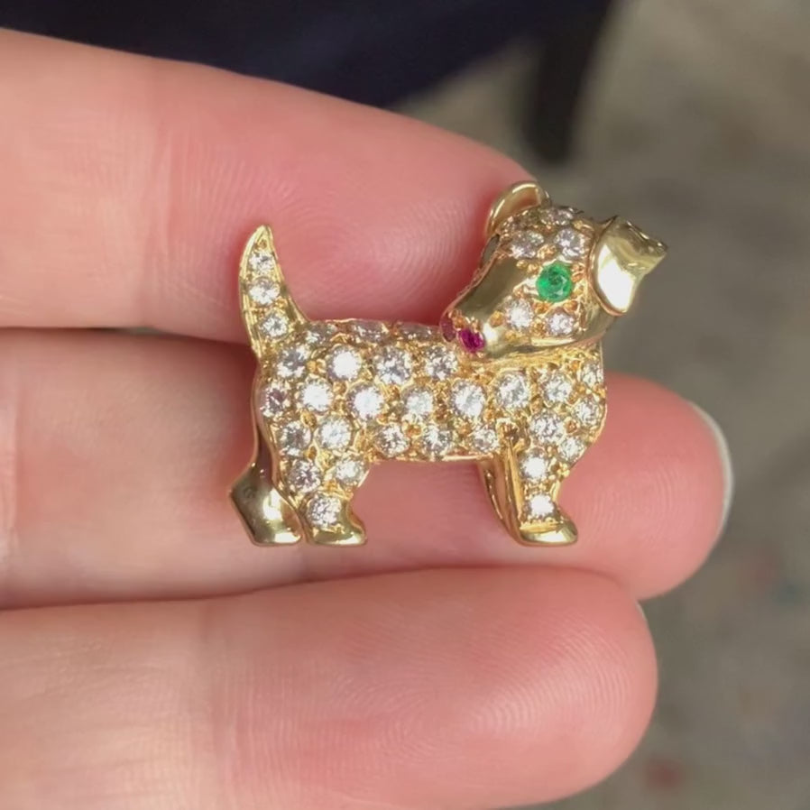 Vintage Diamond Emerald & Ruby Dog Pin, from Doyle & Doyle antique and vintage jewelry boutique