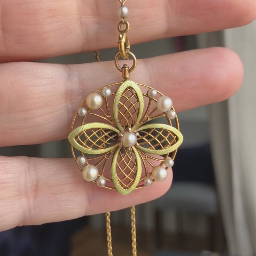 Antique Pearl & Green Enamel Pendant in yellow gold on coordinating chain, from Doyle & Doyle vintage and antique jewelry boutique