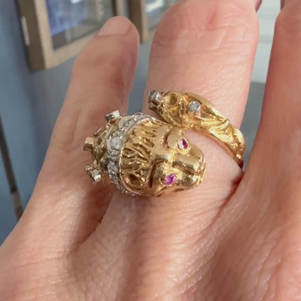Vintage Lion Ruby & Diamond Bypass Ring sold by Doyle and Doyle an antique and vintage jewelry boutique