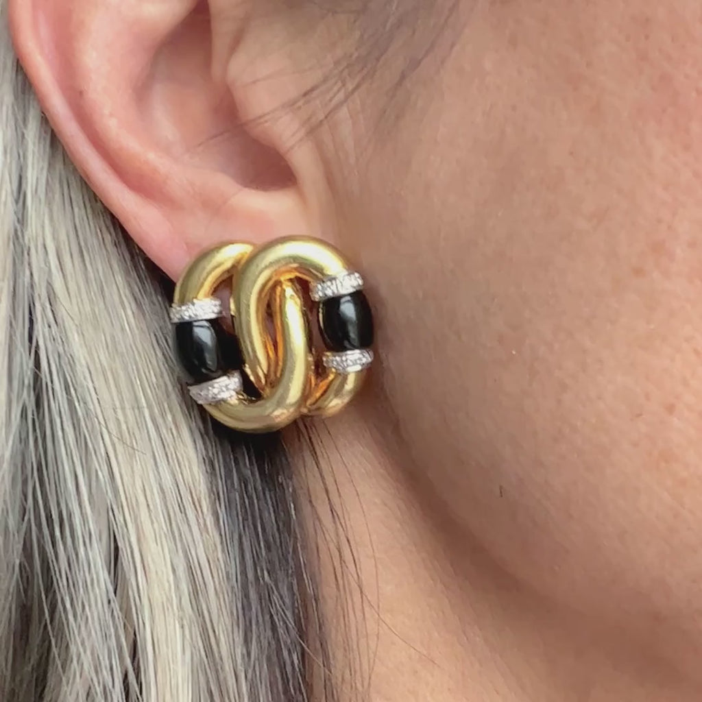 Vintage Onyx & Diamond Double Link Clip Earrings sold by Doyle and Doyle an antique and vintage jewelry boutique