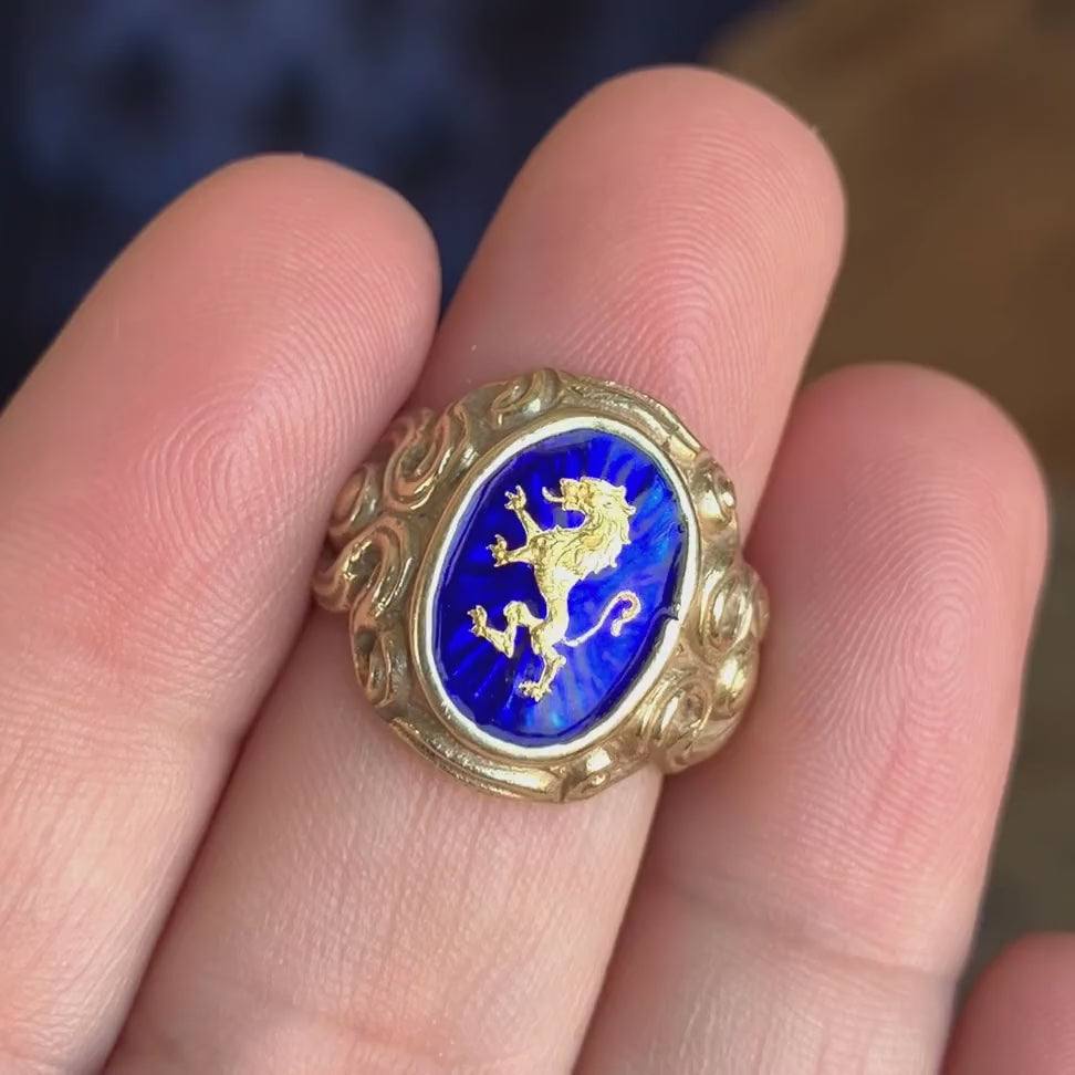 Antique Art Nouveau Lion Ring with Blue Enamel, sold by Doyle & Doyle antique and vintage jewelry boutique