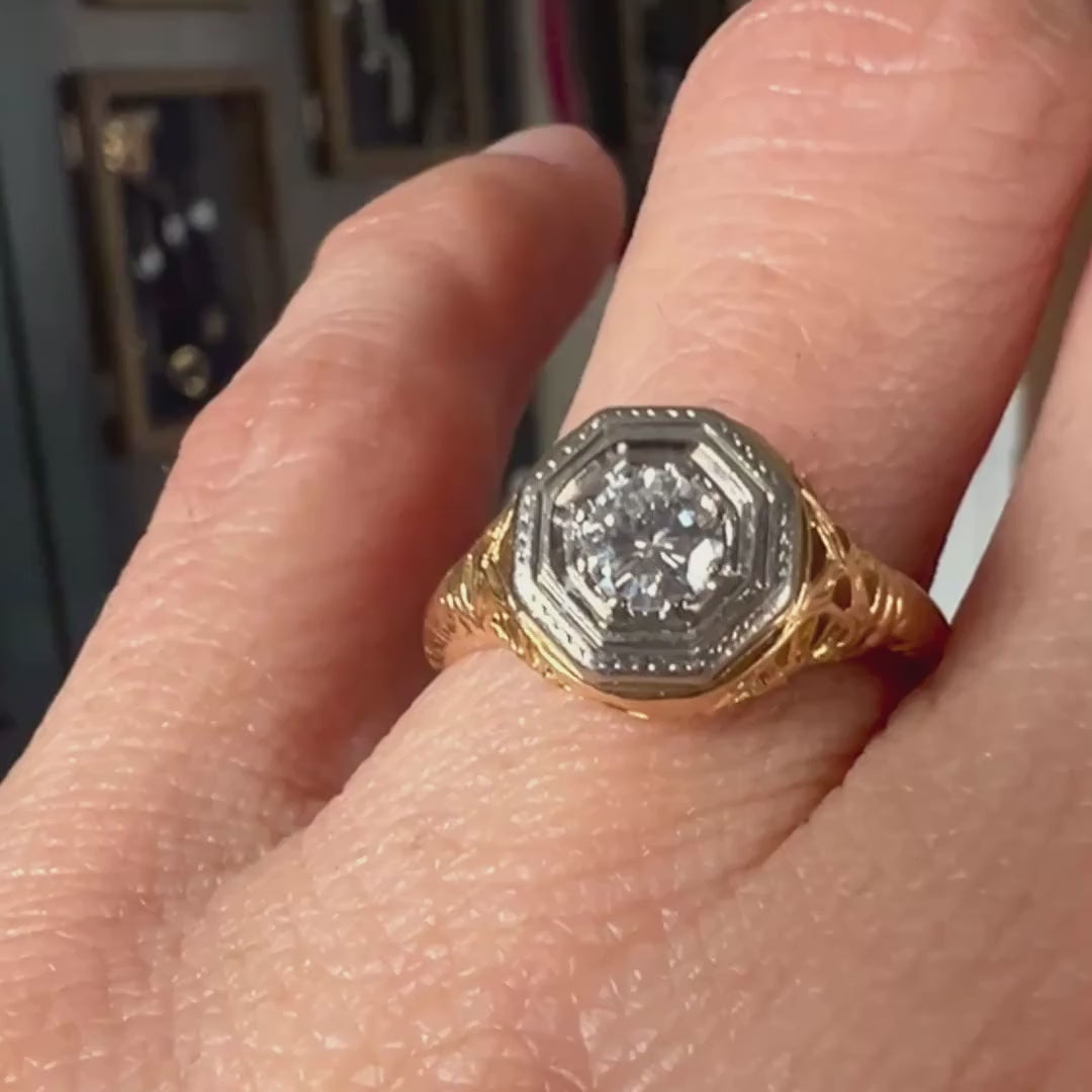 Vintage Filigree Engagement Ring, RBC 0.25ctw sold by Doyle and Doyle an antique and vintage jewelry boutique