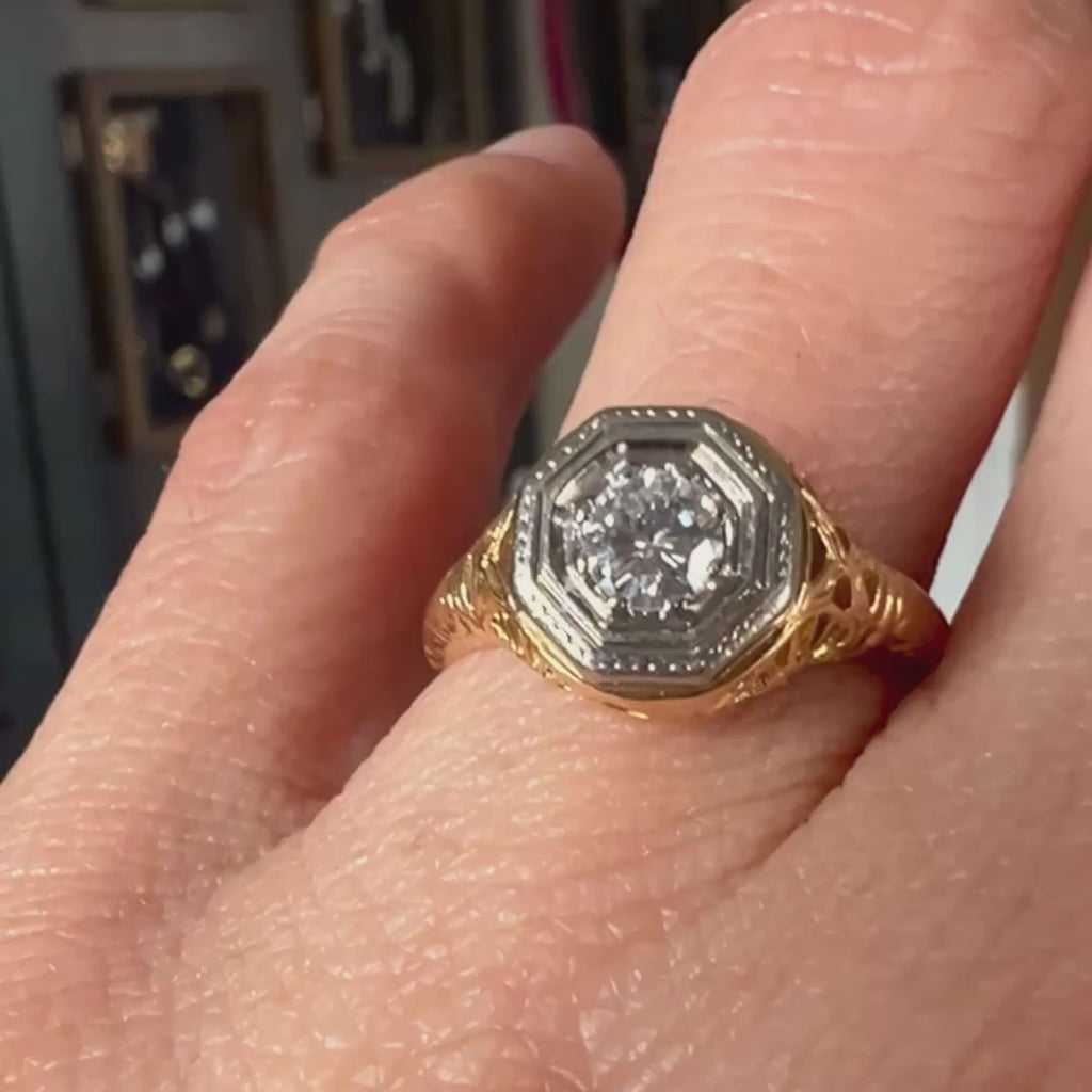 Vintage Filigree Engagement Ring, RBC 0.25ctw sold by Doyle and Doyle an antique and vintage jewelry boutique