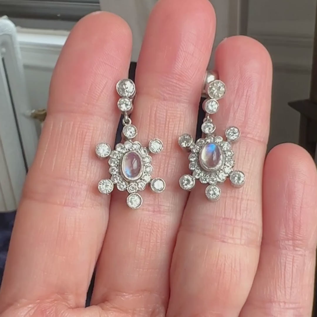 Vintage Moonstone & Diamond Drop Earrings sold by Doyle and Doyle an antique and vintage jewelry boutique