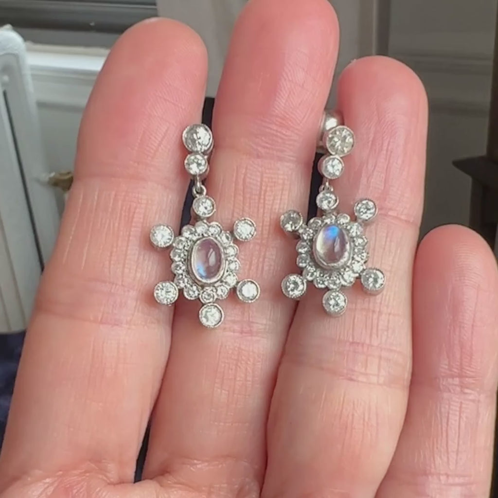 Vintage Moonstone & Diamond Drop Earrings sold by Doyle and Doyle an antique and vintage jewelry boutique
