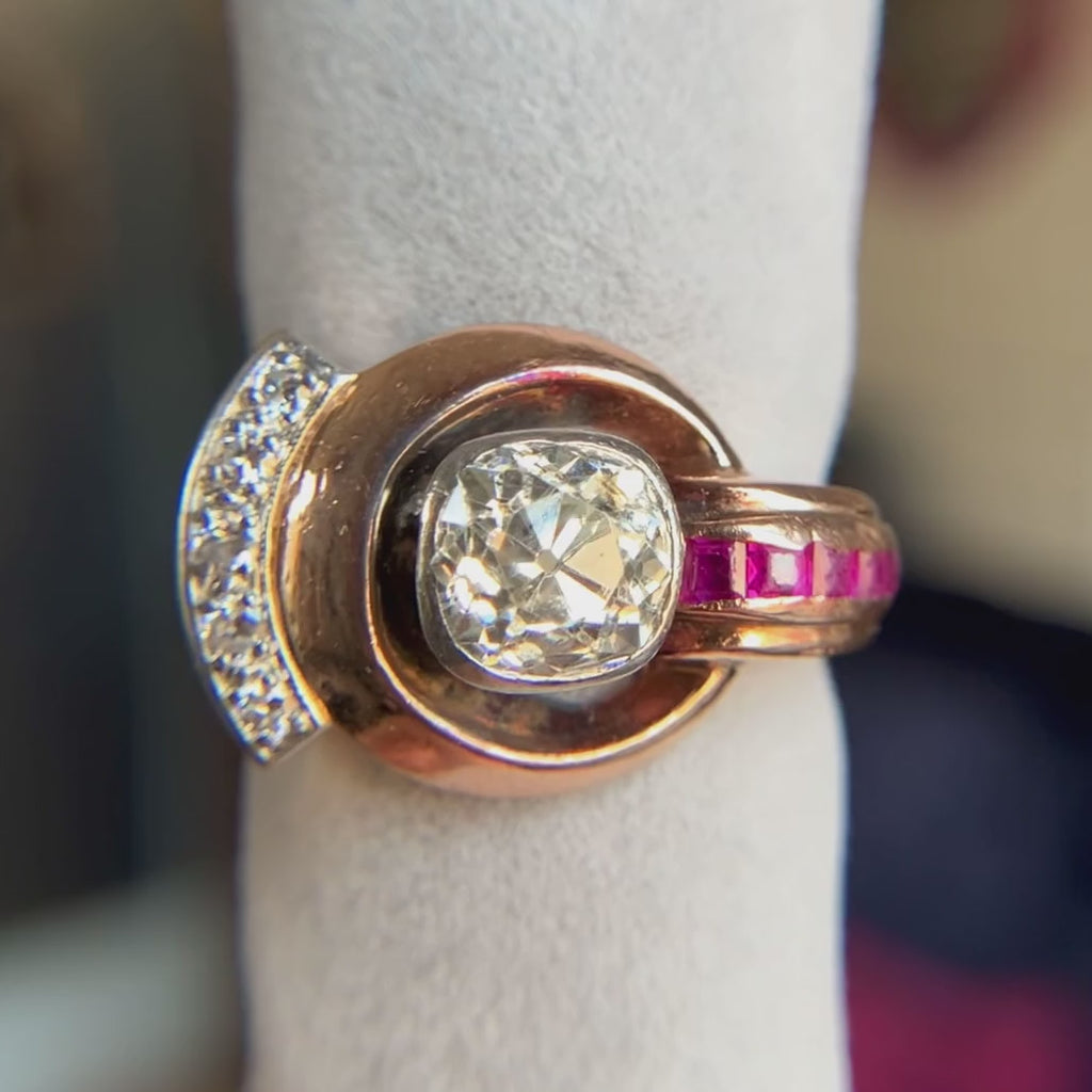 1940s Retro Diamond and Ruby Ring, Old Mine cut diamond 1.50ct., sold by Doyle & Doyle an antique and vintage jewelry boutique