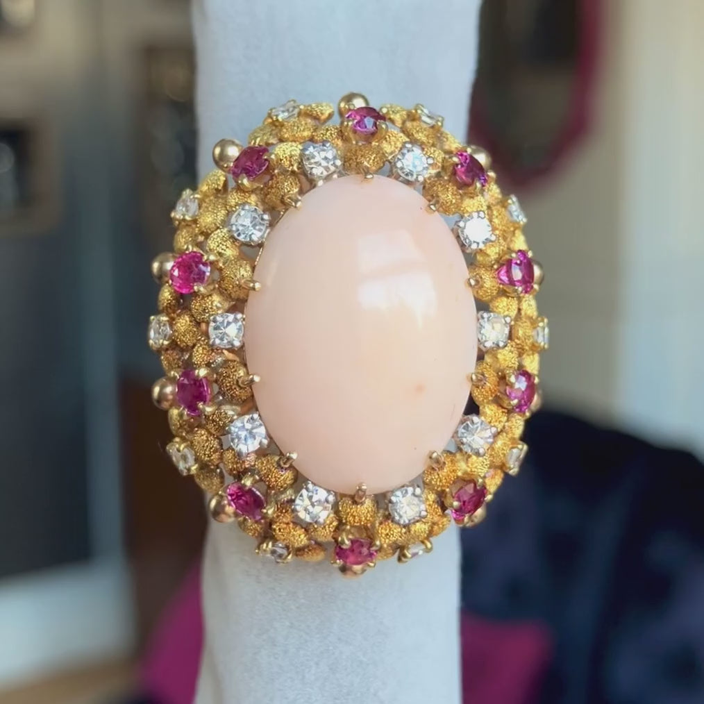 1940s Retro Moderne Coral, Ruby & Diamond Ring, sold by Doyle & Doyle an antique and vintage jewelry boutique