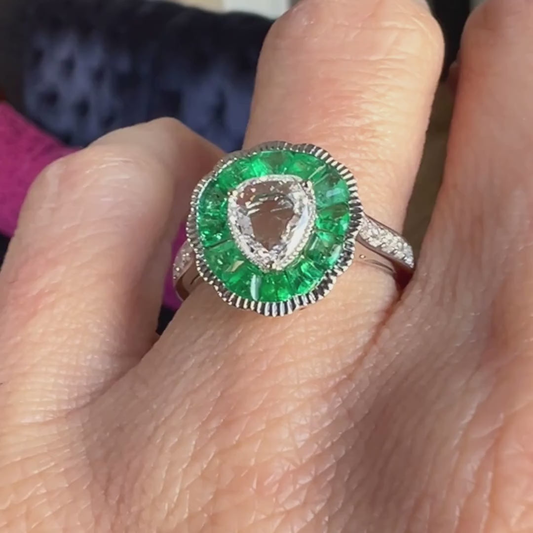 Pear Shaped Rose Cut Diamond & Emerald Ring sold by Doyle and Doyle an antique and vintage jewelry boutique