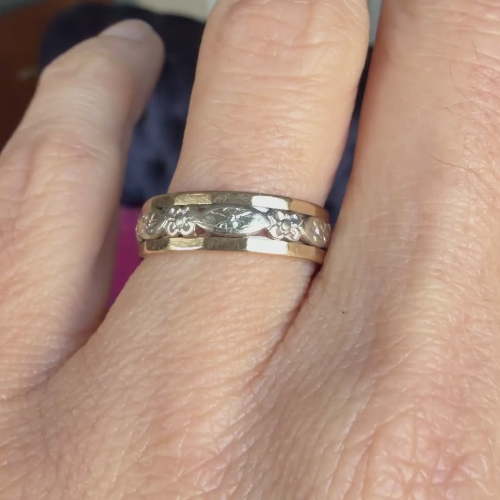 Vintage Wide Patterned Wedding Band Ring, Size 7. sold by Doyle and Doyle an antique and vintage jewelry boutique