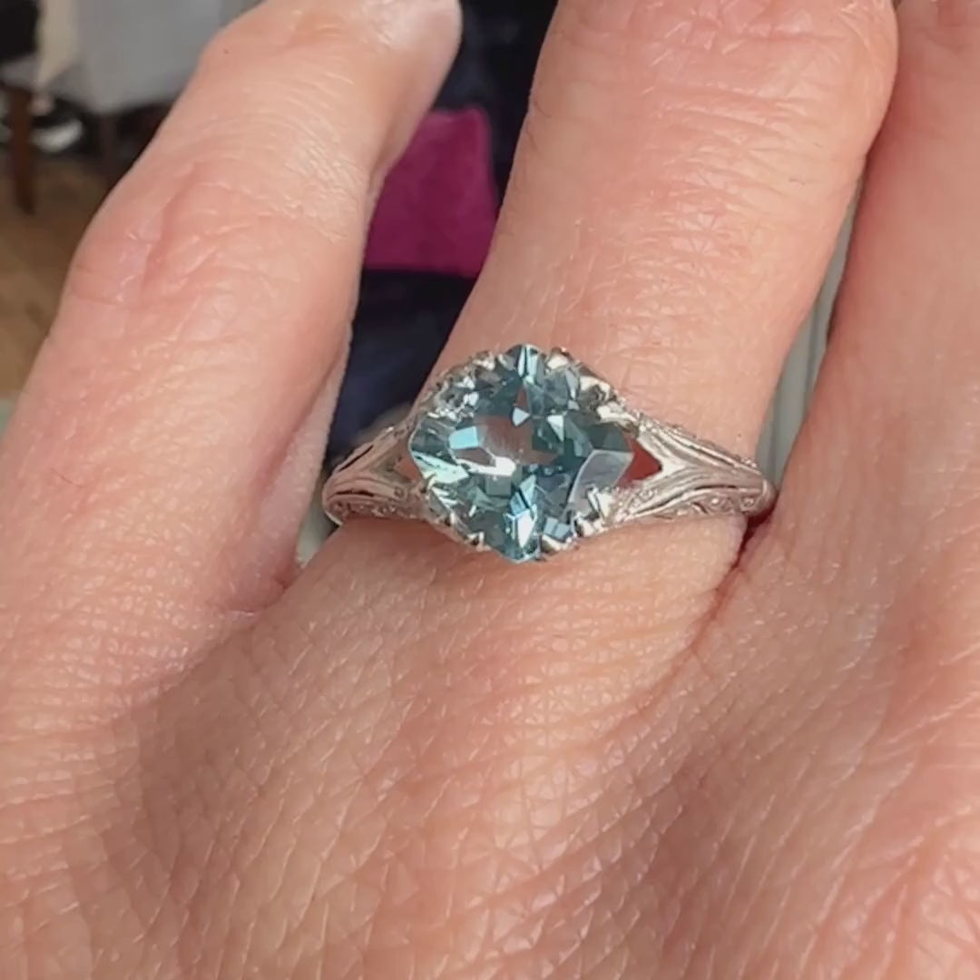 Edwardian Aquamarine Engagement Diamond Ring sold by Doyle and Doyle an antique and vintage jewelry boutique