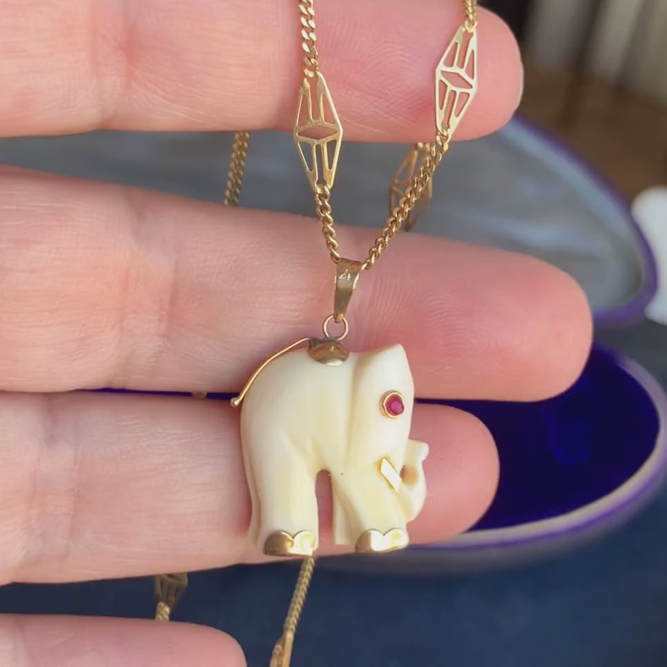 Vintage Carved Elephant Pendant, sold by Doyle & Doyle antique and vintage jewelry boutique