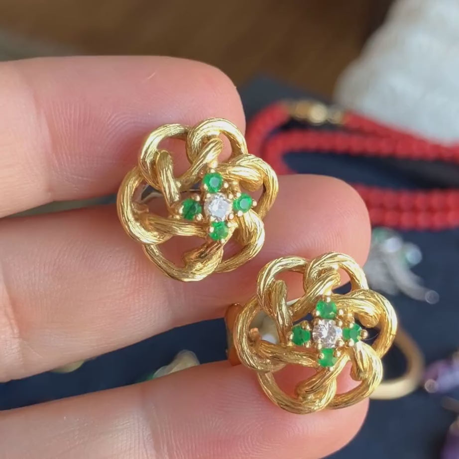 Vintage Diamond & Emerald Knot Earrings, sold by Doyle & Doyle antique and vintage jewelry boutique