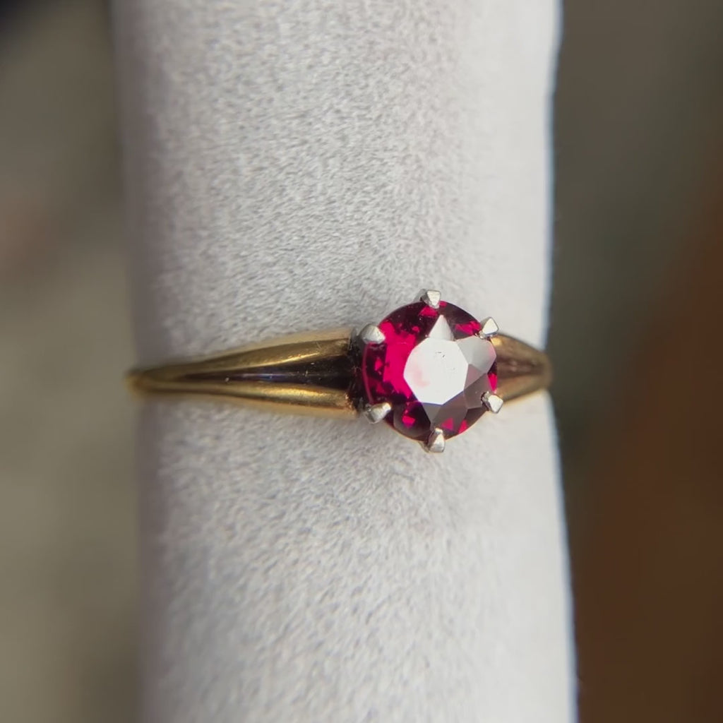 Antique 1915 Garnet Solitaire Ring sold by Doyle & Doyle vintage and antique jewelry boutique.