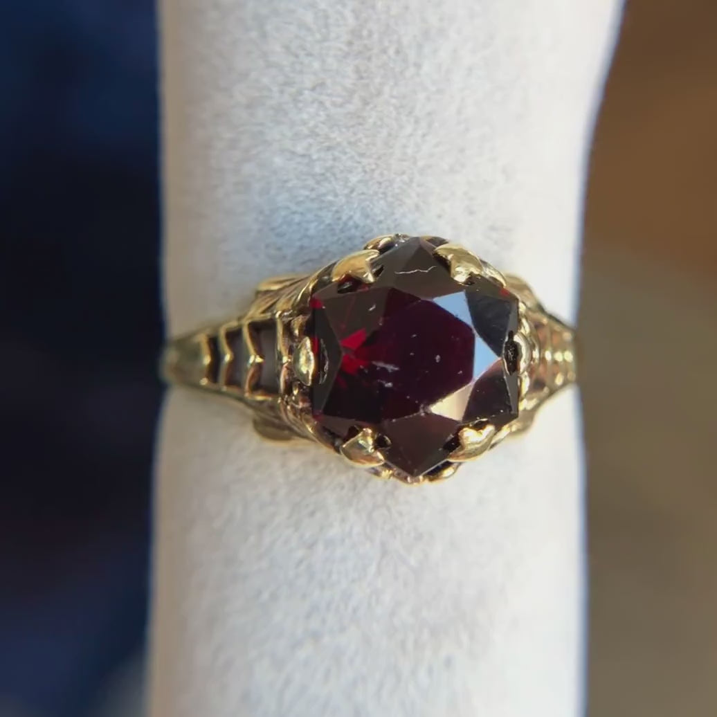 Vintage Gold Filigree Garnet Ring, sold by Doyle & Doyle antique and vintage jewelry boutique