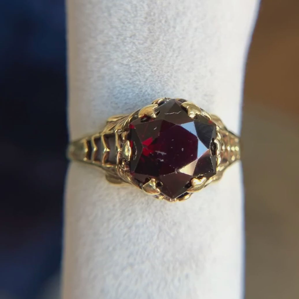 Vintage Gold Filigree Garnet Ring, sold by Doyle & Doyle antique and vintage jewelry boutique